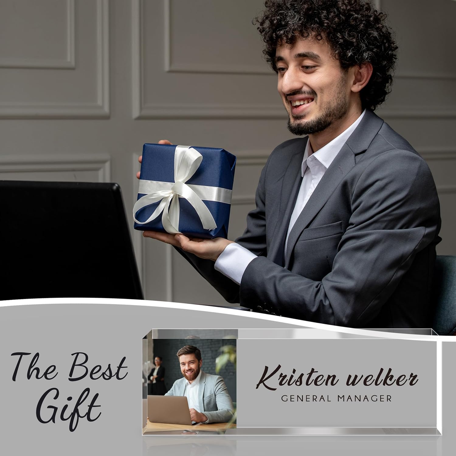 Personalized Name Plate for Desk - Custom Engraved Name Plates for Man - Boss Day Gifts for Boss - Acrylic Office Decor Appreciation Gifts for Teacher Nurse Coworker Social Worker (Colorful Photo)