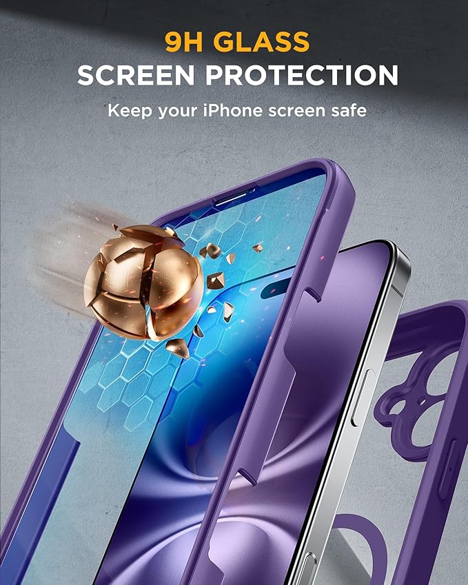 Miracase Magnetic for iPhone 16 Plus Case Full-Body Phone with Built-in Glass Screen Protector, [Compatible with MagSafe] Military Drop Proof 16 Plus Cover 6.7 inch, Purple