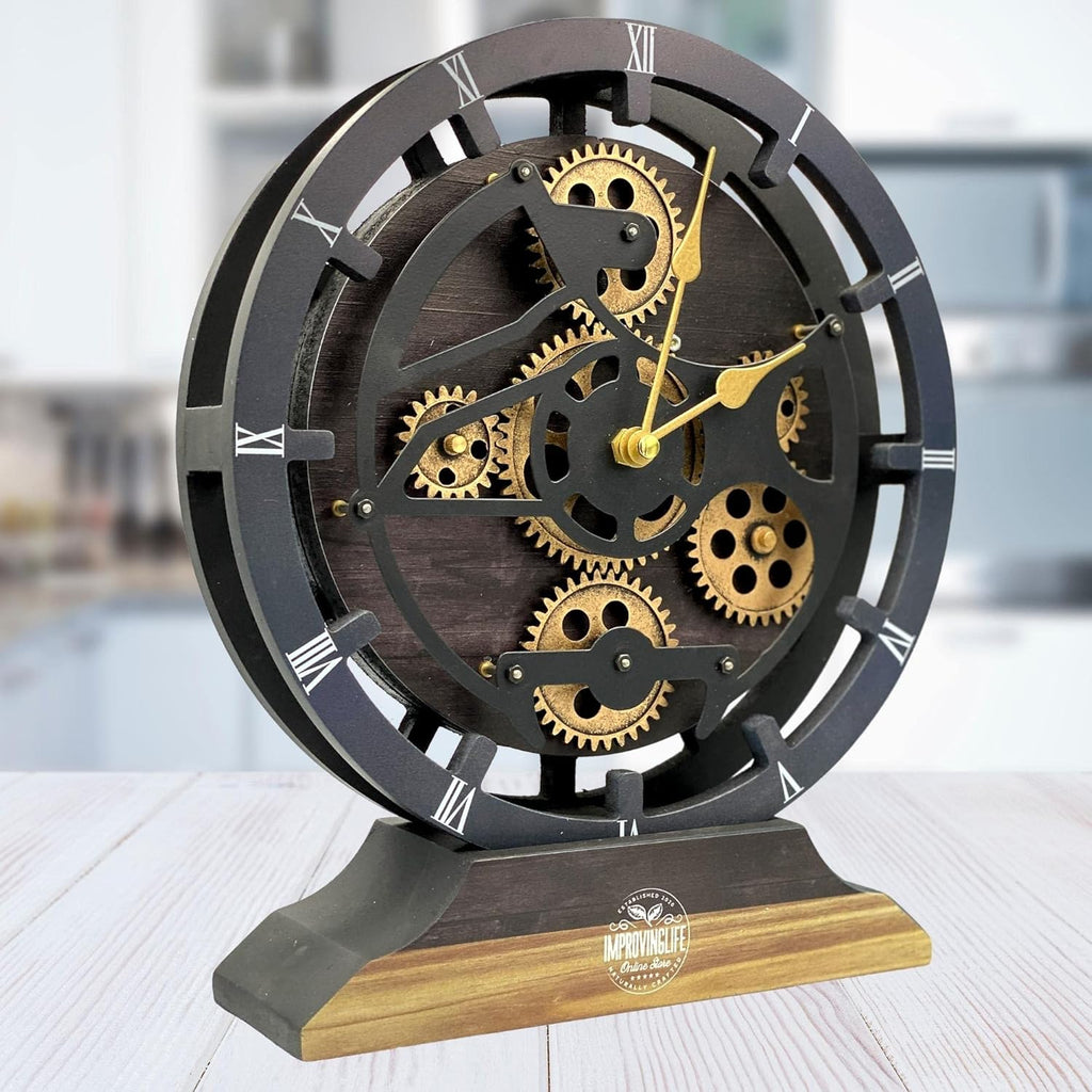 The Gears Clock Desk Clock 10 inches with Real Moving Gears Convertible into Wall Clock (Vintage Black)