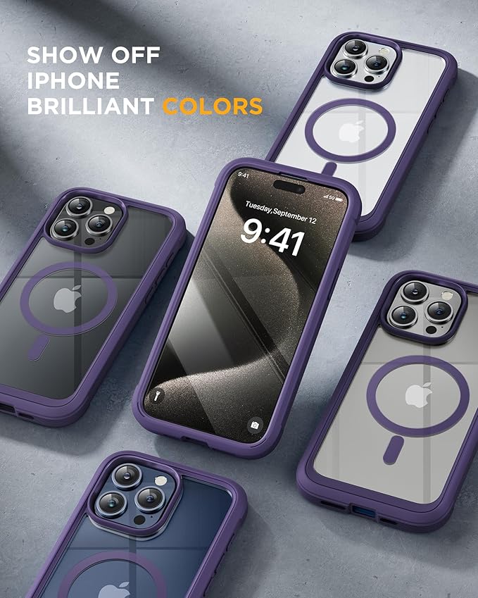 Miracase Magnetic for iPhone 15 Pro Case [Compatible with MagSafe] Full-Body Bumper Phone case with Built-in Glass Screen Protector& Camera Protector, Military Drop Proof 15 Pro Cover, Magnetic Purple