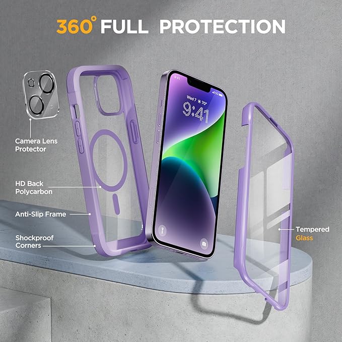 Miracase Magnetic for iPhone 14 Case 6.1", [Built-in Tempered Glass Screen Protector + Lens Protector] [Compatible with MagSafe] Full-Body Protective Bumper 14 Phone Cover, Purple