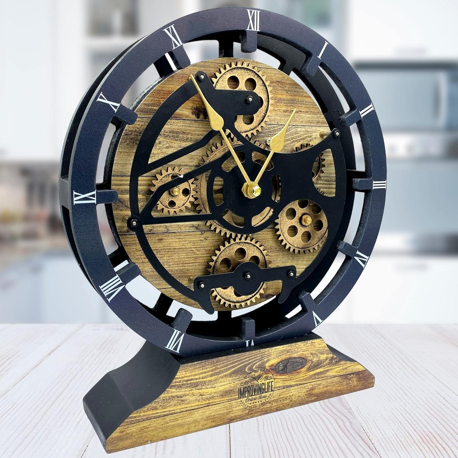 The Gears Clock Desk Clock 10 inches with Real Moving Gears Convertible into Wall Clock (Gold Antique)