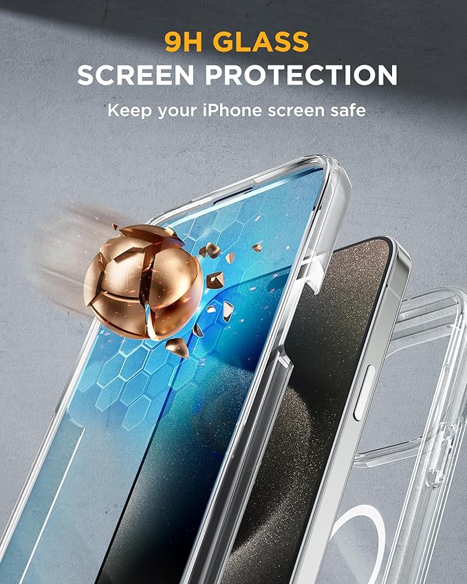 Miracase Magnetic for iPhone 15 Pro Max Case 6.7'' [Compatible with Magsafe] Full-Body Drop Proof Bumper Phone Case for iPhone 15 Pro Max with Built-in 9H Tempered Glass Screen Protector,Clear
