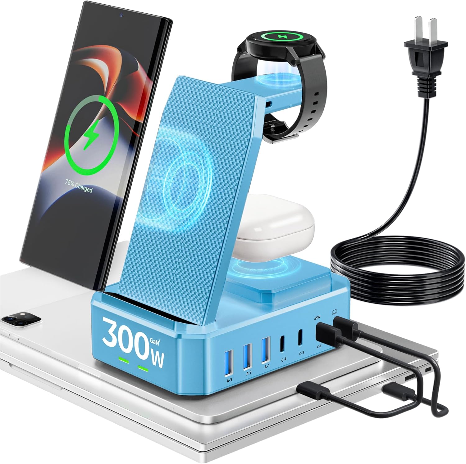300W Wireless Charger for Samsung,Zutspzss 10 in 1 Wireless Charging Station, 65W USB C Fast Charging Stand for Samsung S25 Ultra/S24/S23/S22/Z Fold,Galaxy Watch Ultra7/6/5,Galaxy Buds,Blue