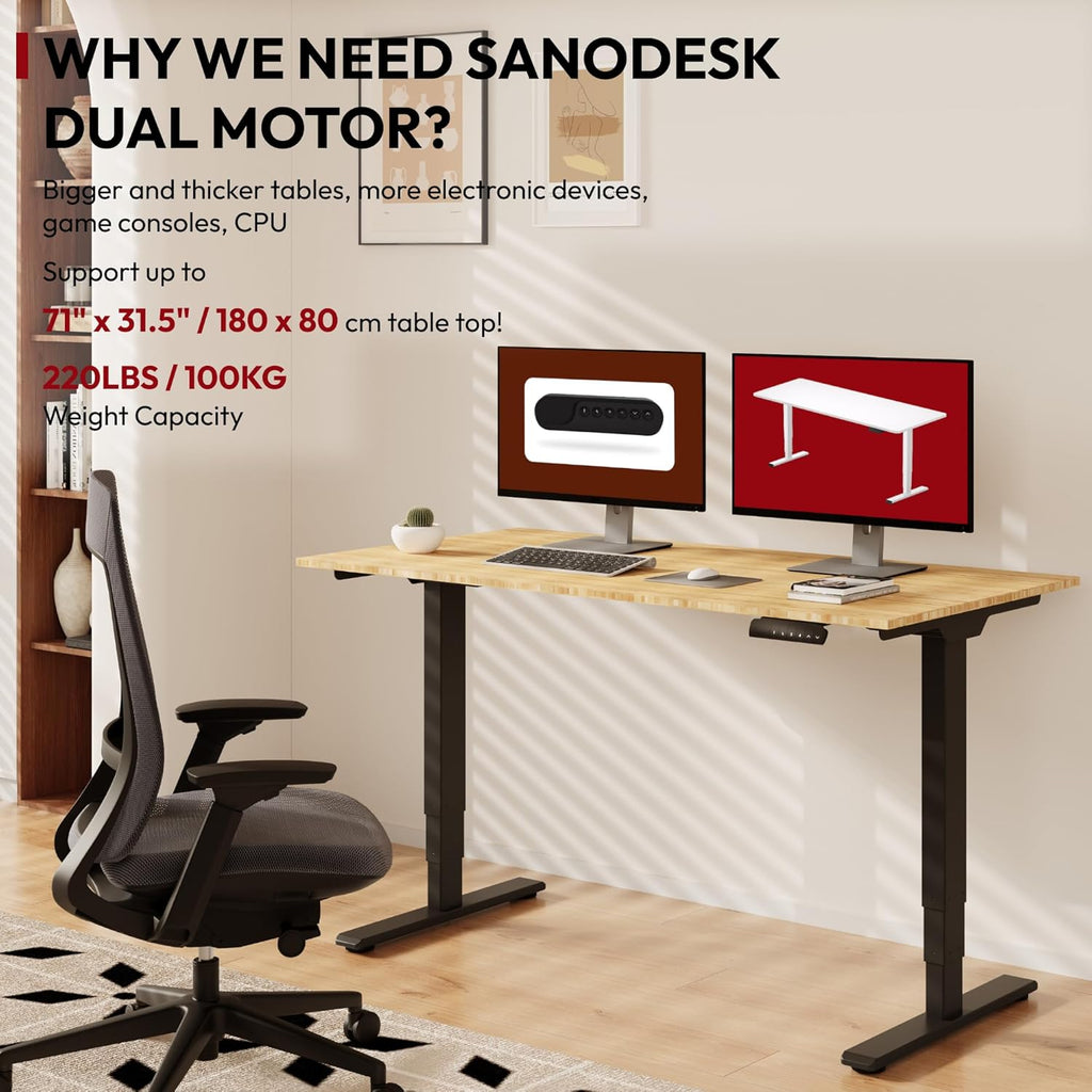 SANODESK 55 Inch 3 Stage Bamboo Electric Standing Desk, Dual Motor Height Adjustable Desk, Whole-Piece Desktop Sit to Stand Home Office Desk (Black Frame/ 55” x 28” Natural Bamboo Top)