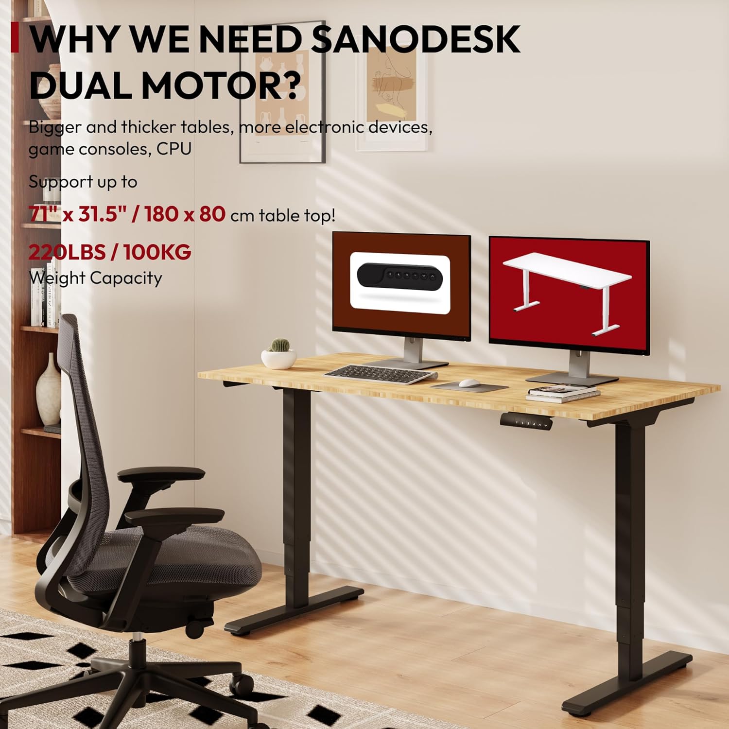 SANODESK 55 Inch 3 Stage Bamboo Electric Standing Desk, Dual Motor Height Adjustable Desk, Whole-Piece Desktop Sit to Stand Home Office Desk (Black Frame/ 55” x 28” Natural Bamboo Top)