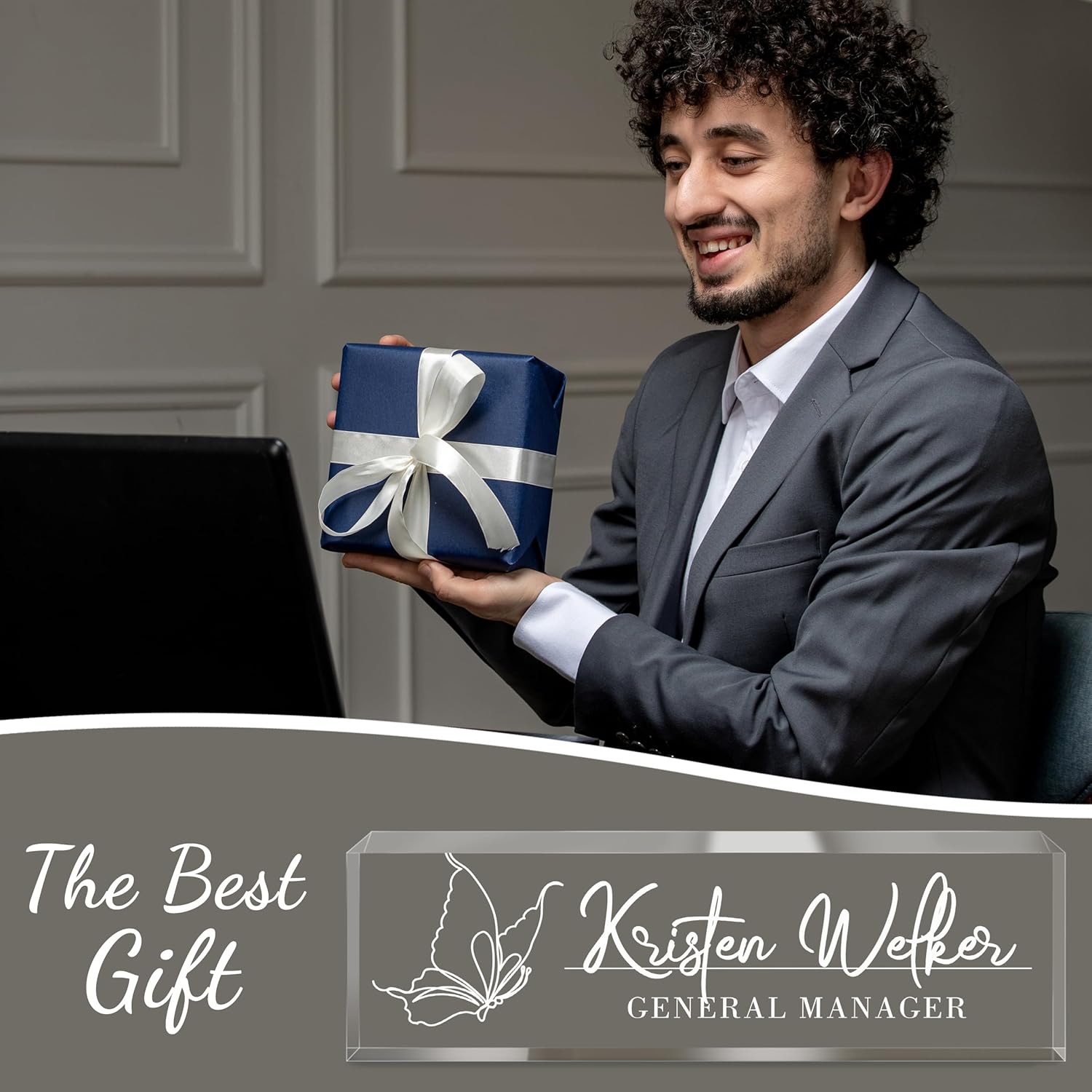 Personalized Name Plate for Desk - Custom Engraved Name Plates for Man - Boss Day Gifts for Boss - Acrylic Office Decor Appreciation Gifts for Teacher Nurse Coworker Social Worker (White Butterfly)