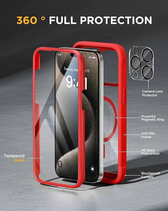 Miracase Magnetic for iPhone 15 Pro Max Case 6.7'' [Compatible with Magsafe] Full-Body Military Drop Proof for iPhone 15 ProMax Case with Built-in 9H Tempered Glass Screen Protector,Red