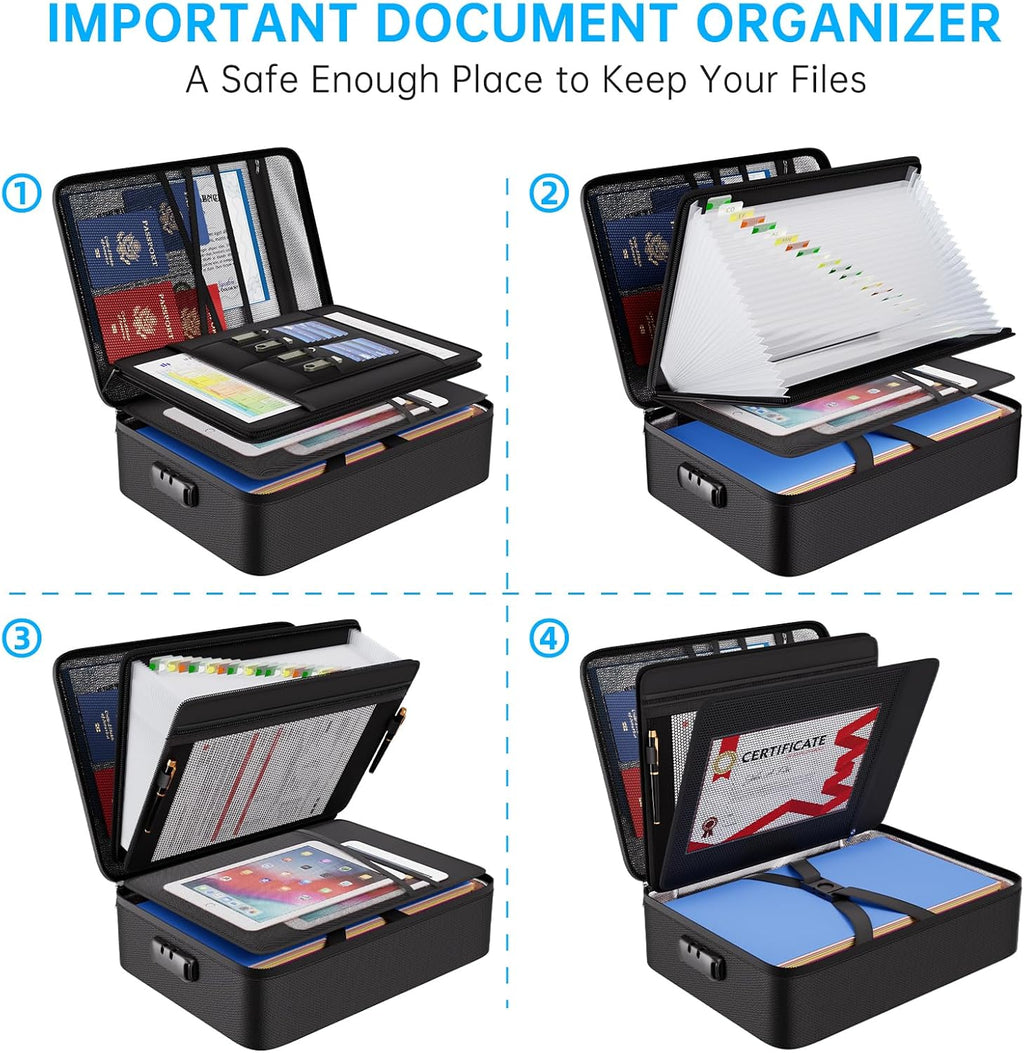 ENGPOW Fireproof Document Box with Lock,5200℉ Soft Case Fireproof Box with 25 Pocket Accordion File Folder,Multi-Layer Fireproof Water Resistant File Organizer Storage for Important Documents,Laptop