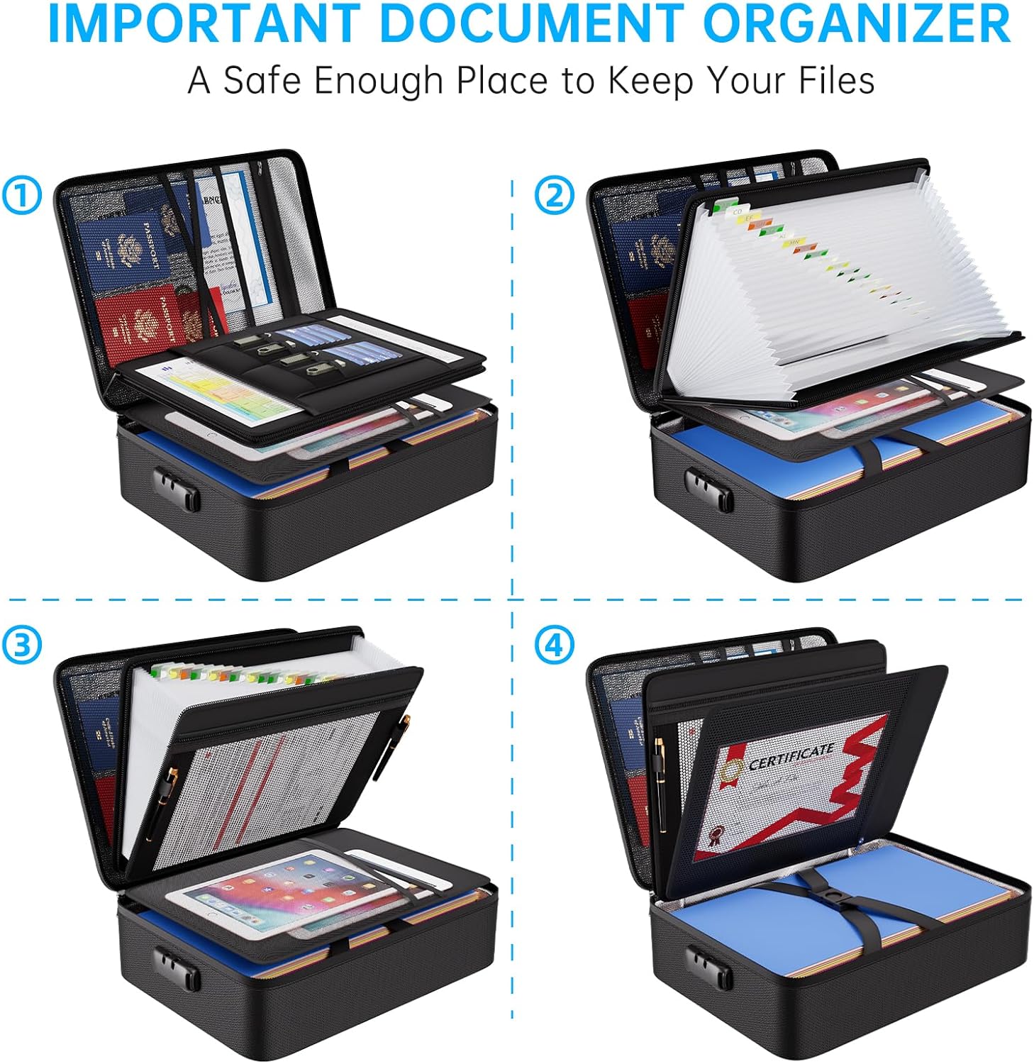 ENGPOW Fireproof Document Box with Lock,5200℉ Soft Case Fireproof Box with 25 Pocket Accordion File Folder,Multi-Layer Fireproof Water Resistant File Organizer Storage for Important Documents,Laptop