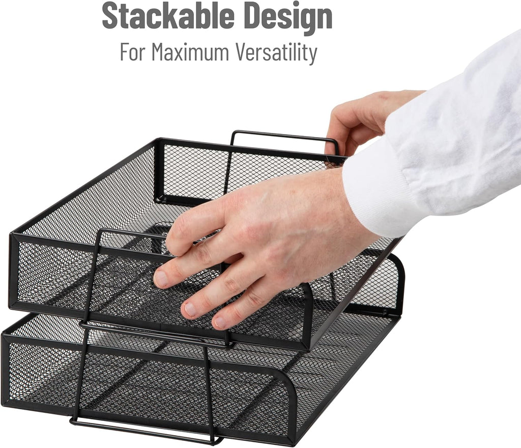 Mind Reader Stackable Paper Tray, Desktop Organizer, File Storage, Office, Metal Mesh, 13.25" L x 9.75" W x 6.25" H, 2 Pcs., Black