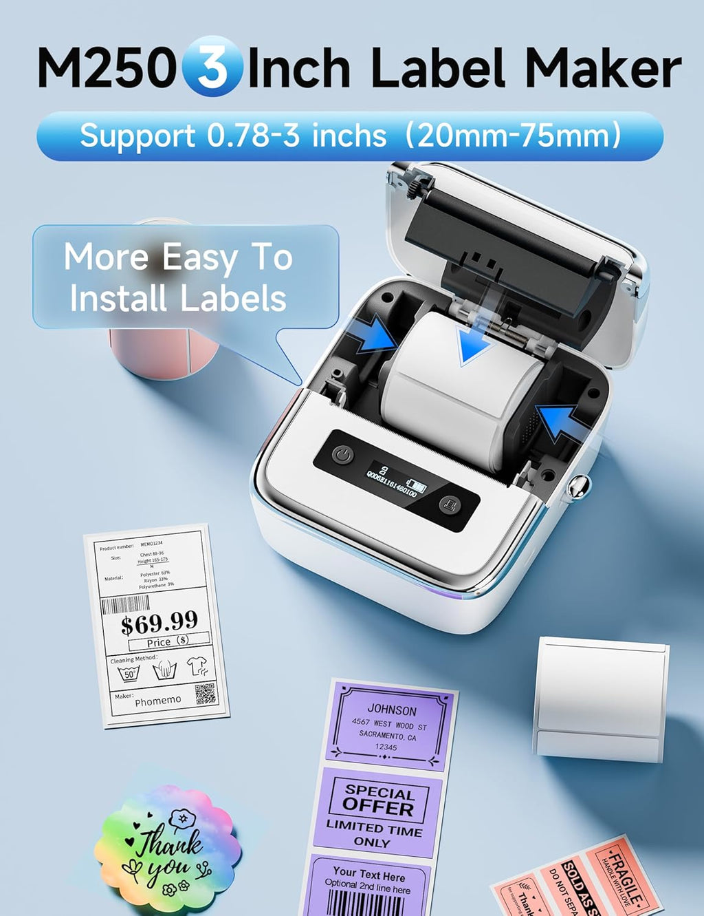 Phomemo M250 Label Maker Machine with Tape, 3 Inch Thermal Label Maker, 2025 Upgrade Portable Barcode Printer for Business, Home, Logo Label, Sticker Printer for Phones & PC, with 1 Roll Label