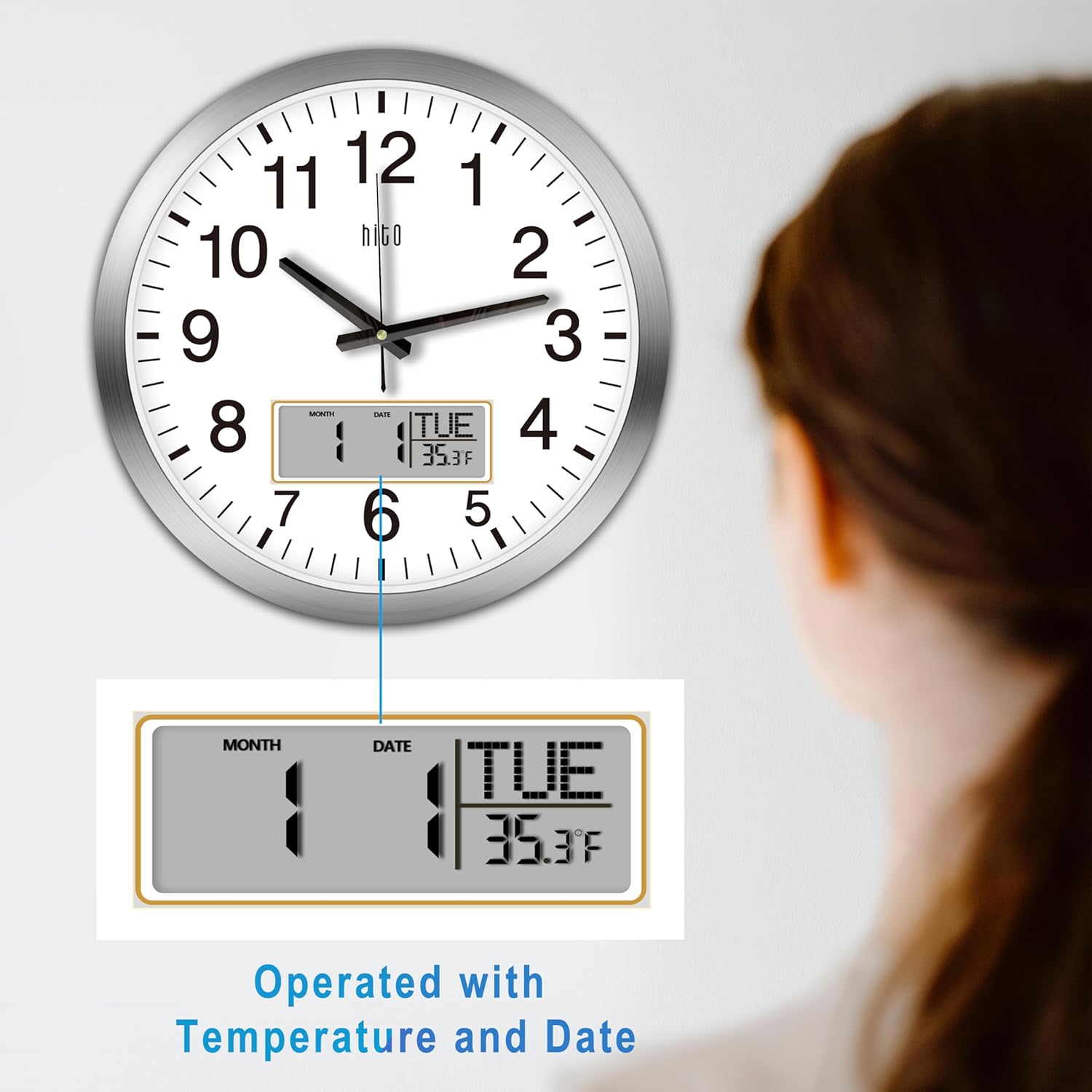 HITO 14 Inch Silent Wall Clock Battery Operated with Temperature and Date, Large Wall Clock for Living Room Decor, Office, Classroom, Bedroom