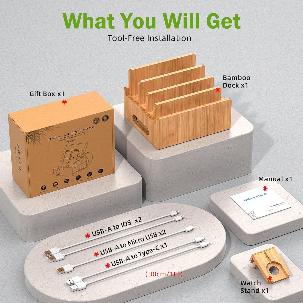 Pezin & Hulin Bamboo Charging Stand, Dock Organizer for Multi Devices, Cell Phone, Tablets, Smart Watch, with Pack 5 Cables, No Power Charger Block