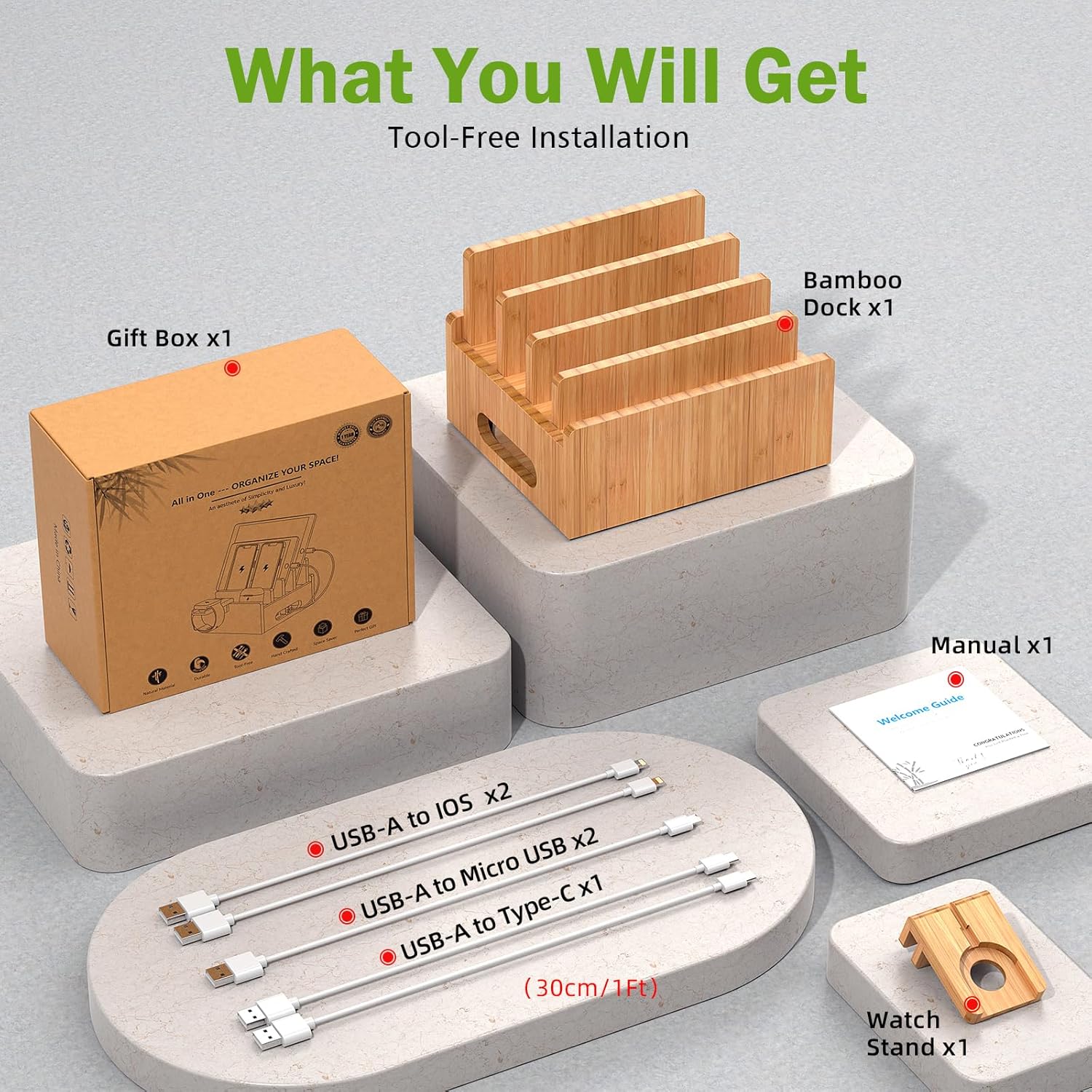 Pezin & Hulin Bamboo Charging Stand, Dock Organizer for Multi Devices, Cell Phone, Tablets, Smart Watch, with Pack 5 Cables, No Power Charger Block