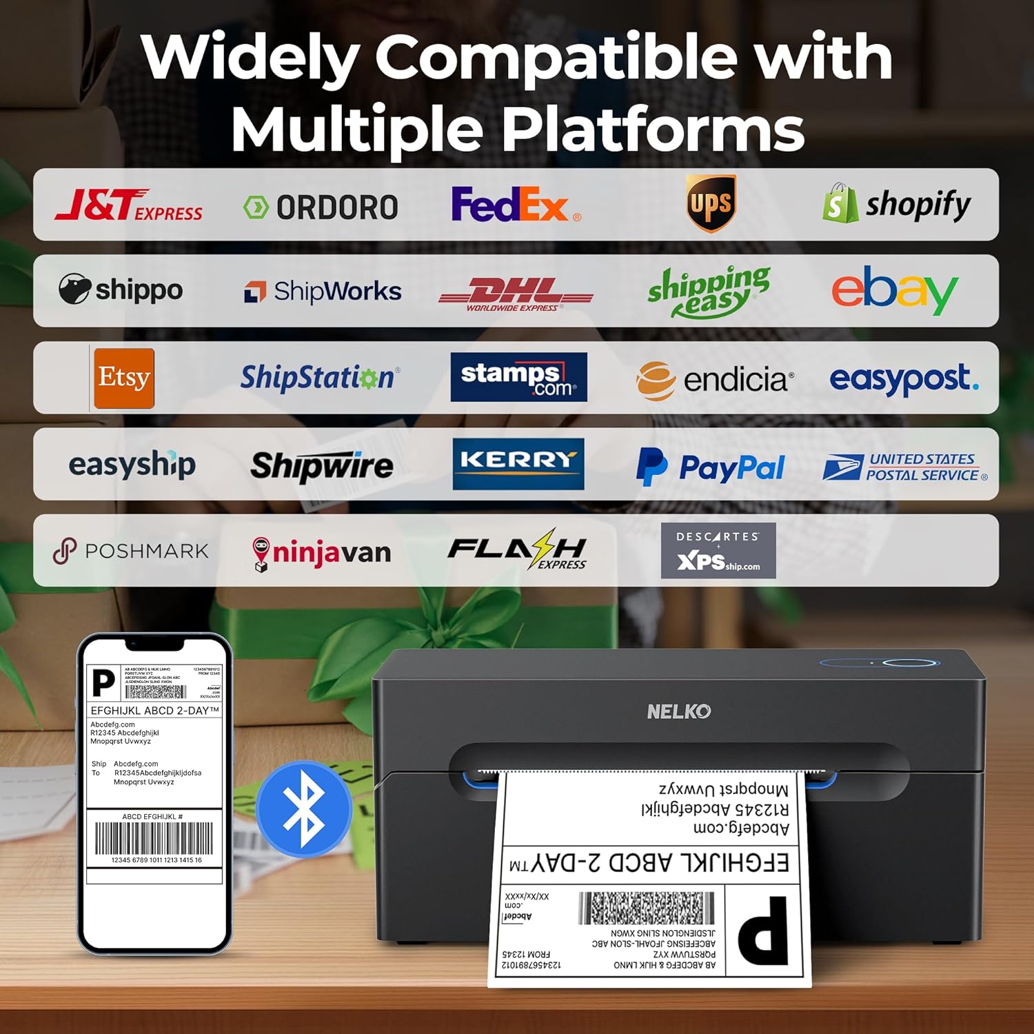 Nelko Bluetooth Thermal Shipping Label Printer, Wireless 4x6 Shipping Label Printer for Shipping Packages, Support Android, iPhone and Windows, Widely Used for Amazon, Ebay, Shopify, Etsy, USPS
