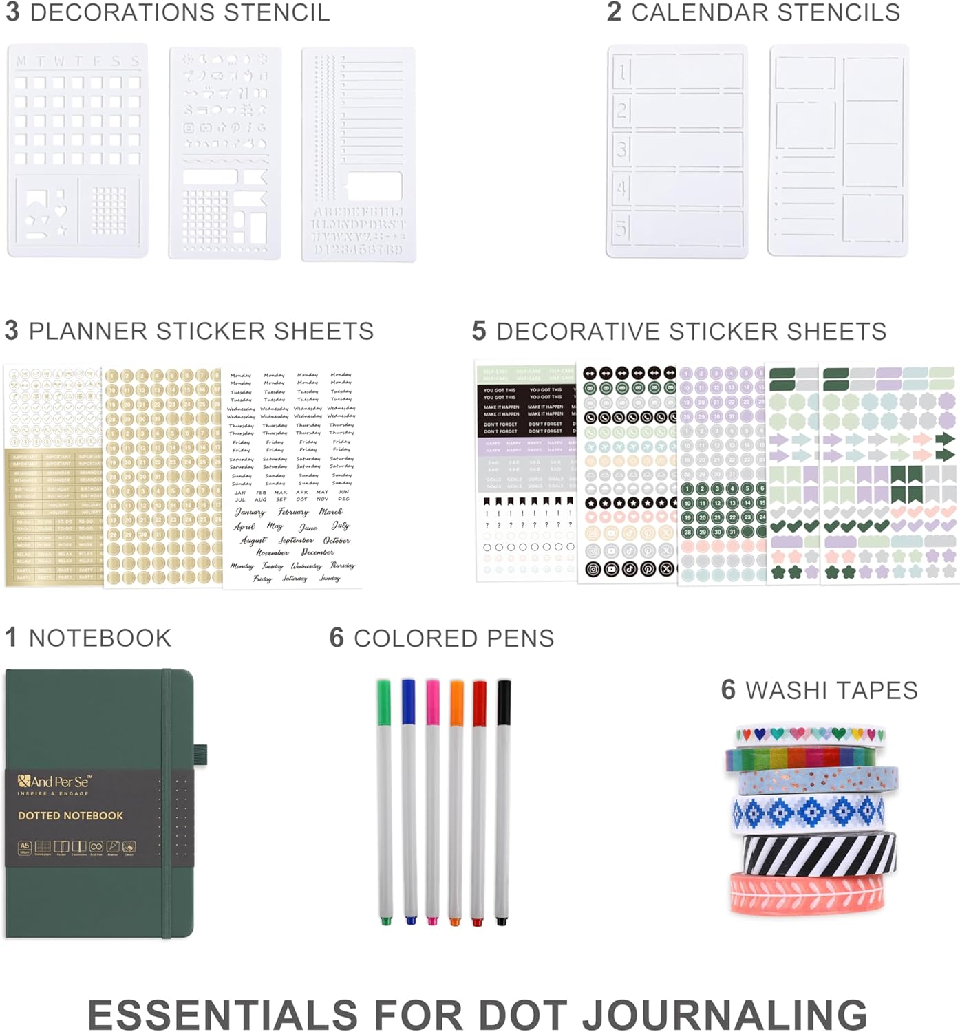 &And Per Se Dotted Journal Notebook Set, A5 Hardcover Dotted Journal (Green), 6 Fineliner Pens, 8 Sticker, 5 Stencil Sheets & 6 Washi Tapes, Journaling Supplies for Planner Schedule