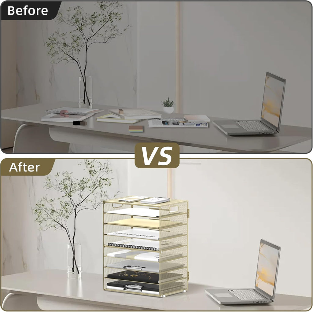 DALTACK 9-Tier Paper Letter Tray Desk Organizer with Handles, Mesh File Holder Organization, File Organizer for Desk Paper Sorter for Office Home School, Golden Yellow