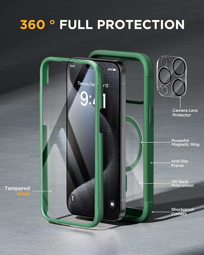 Miracase Magnetic for iPhone 15 Pro Case [Compatible with MagSafe] Full-Body Bumper Phone case with Built-in Glass Screen Protector& Camera Protector, Military Drop Proof 15 Pro Cover, Magnetic Green