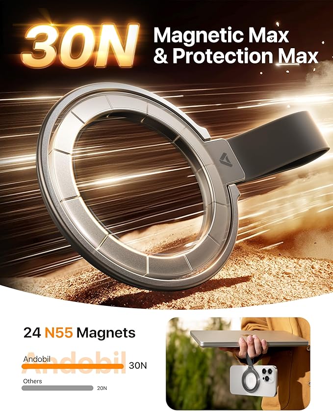 andobil [2025 Unrivaled Stability] Magnetic Phone Grip Holder for MagSafe Ring Stand Holder Kickstand Compatible with MagSafe Accessories for iPhone 16 Pro Max Plus iPhone15/14/13/12&Android,SpaceGrey