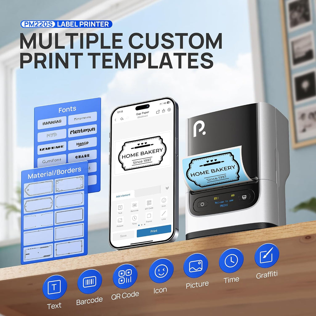 POLONO PM220S Label Maker Machine with Tape, 2 Inch Bluetooth Thermal Label Printer, Portable Sticker Printer for School, Office, Home, Business, Label Maker with 2'' x1.18'' Labels, White