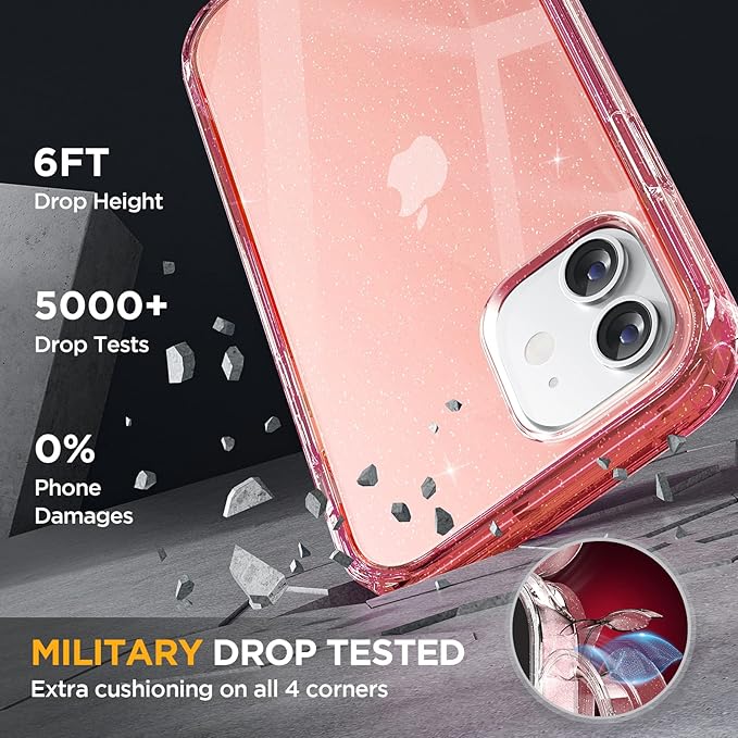 Miracase Glass Series for iPhone 12/12 Pro Case 6.1 inch, Upgraded Full-Body Rugged Phone Bumper Case Cover with Built-in 9H Tempered Glass Screen Protector and Camera Protector, Glitter Rose