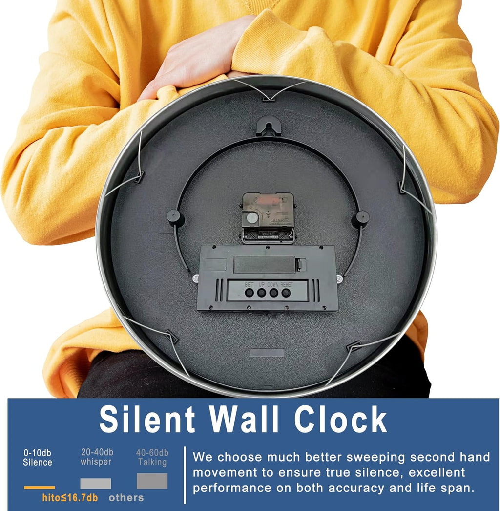 HITO 14 Inch Silent Wall Clock Battery Operated with Temperature and Date, Large Wall Clock for Living Room Decor, Office, Classroom, Bedroom