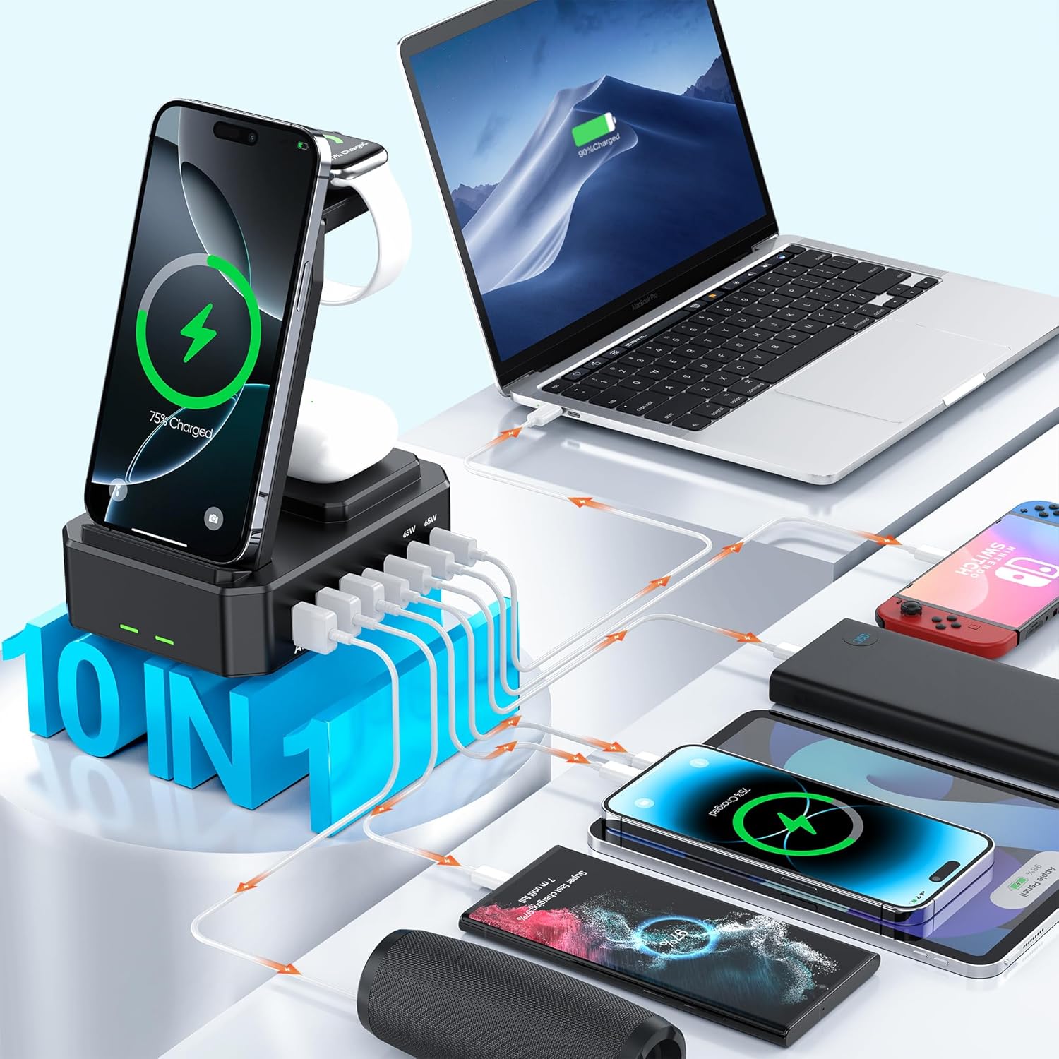 300W Charging Station for Multiple Devices Apple,10 in 1 Wireless Charger for iPhone,GaN III USB C 65W PD Fast Charging Stand Dock for MacBook,iWatch&Airpods (Wireless Charging Only for Apple)