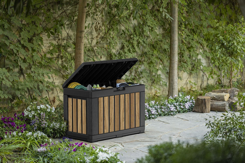 Keter Signature Collection 50 Gallon Resin Deck Box Organization and Storage Box for Patio Outdoor Cushions, Throw Pillows, Garden Tools and Pool Supplies, Oakridge