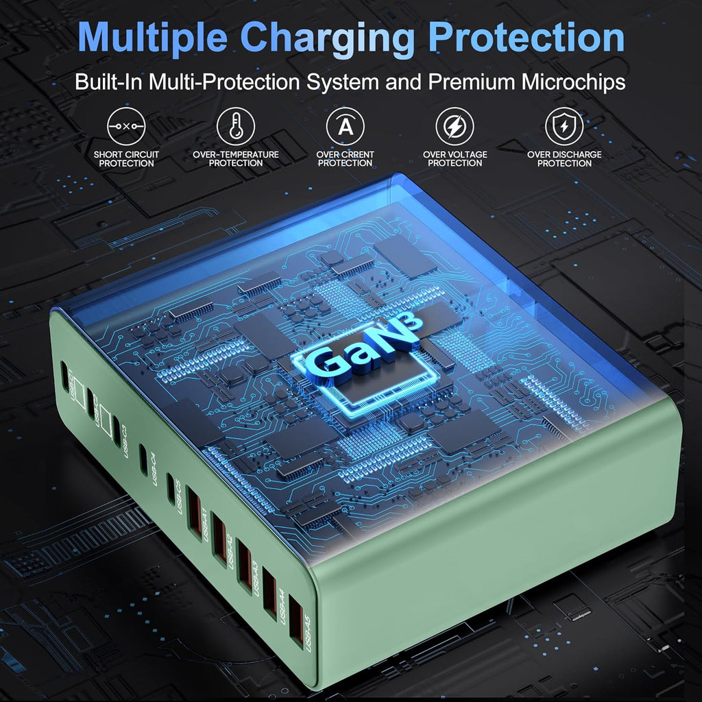 420W USB C Charger Block,10-Port Charging Station GaN Fast Charging Type C & USB A Wall Charger Adapter for MacBook Pro/Air,iPhone,iPad,Dell XPS,Samsung Galaxy(Green)