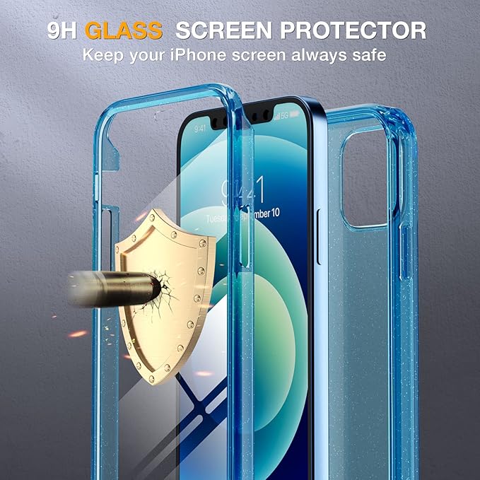 Miracase Glass Series for iPhone 12/12 Pro Case 6.1 inch, Upgraded Full-Body Rugged Phone Bumper Case Cover with Built-in 9H Tempered Glass Screen Protector and Camera Protector, Glitter Blue