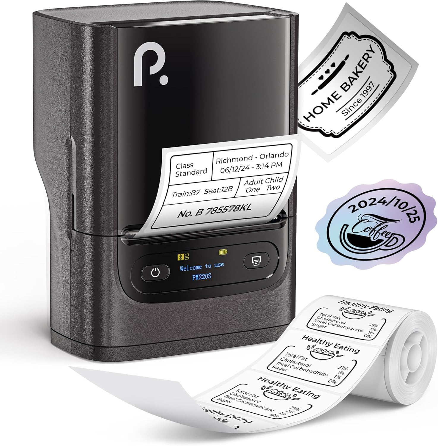 POLONO PM220S Label Maker Machine with Tape, Bluetooth Thermal Label Printer, Portable Sticker Printer,Chocolate Dark