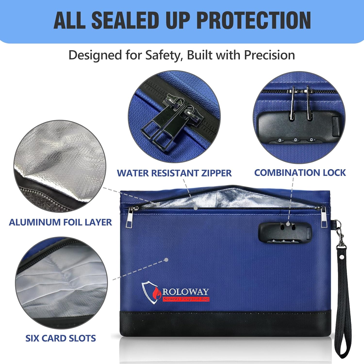 ROLOWAY Fireproof Money Bag with Lock for Cash, 6400°F Fire Proof Document Bag (12.2 x 8.5 x 1.6 inches), Money Pouch with Zipper (Blue)