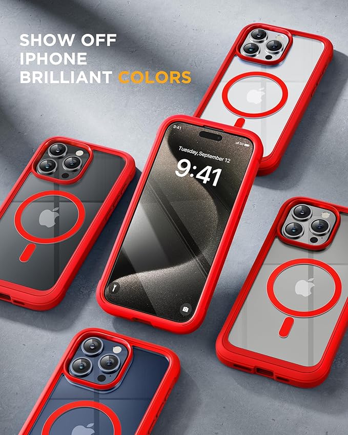 Miracase Magnetic for iPhone 15 Pro Max Case 6.7'' [Compatible with Magsafe] Full-Body Military Drop Proof for iPhone 15 ProMax Case with Built-in 9H Tempered Glass Screen Protector,Red