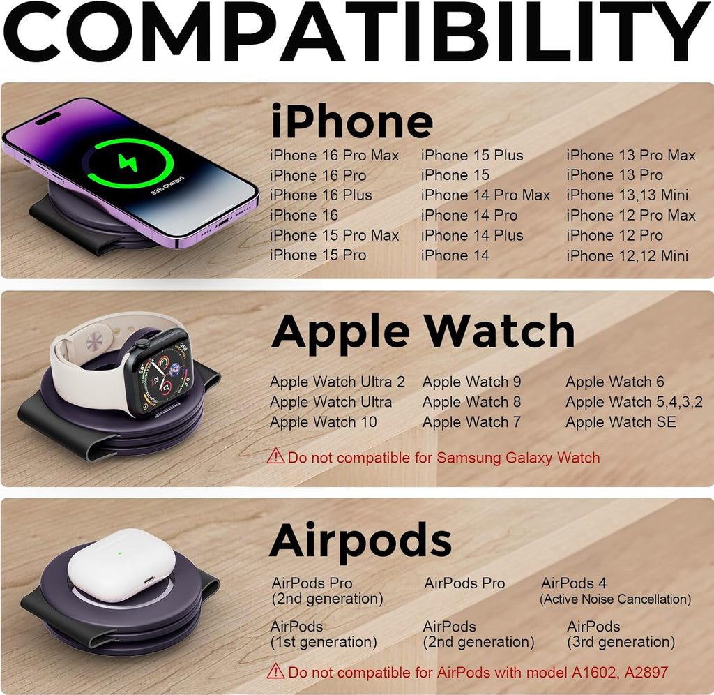 Hicober 3 in 1 Charging Station for Apple Multiple Devices, Foldable Travel Wireless Charger 18W for iPhone 16 15 14 13 Pro Max Plus &Apple Watch Series/Airpods Purple