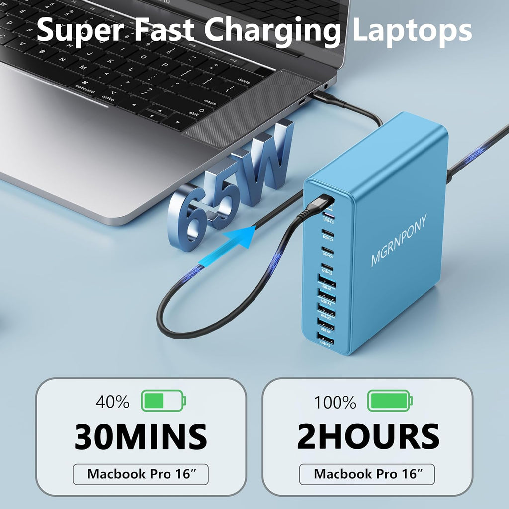 320W USB C Charger Block, 10-Port USB C Charging Station GaN III PD 65W PC Laptop Fast Charger Adapter for MacBook Pro/Air, DELL, iPad, iPhone, Samsung Galaxy (Light Blue)