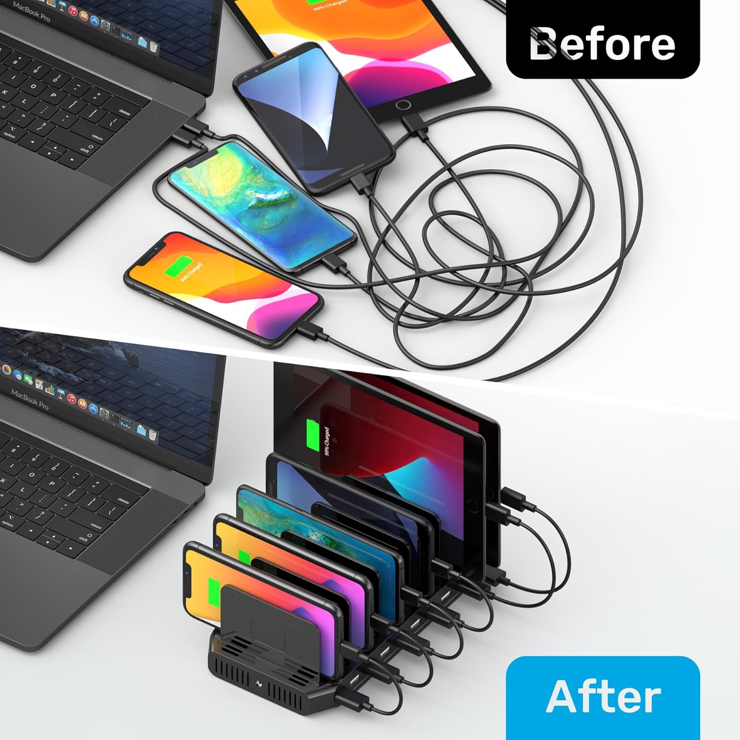 Unitek USB Charging Station, 10 USB Fast Ports Charge Docking Station and Adjustable Dividers, Multi Device Charger Organizer Compatible with iPad, iPhone, Tablet and Cell Phone