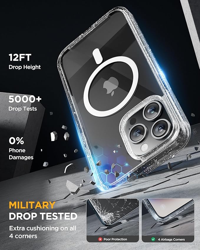 Miracase Magnetic for iPhone 15 Pro Case [Compatible with MagSafe] Full-Body Phone case with Built-in Glass Screen Protector& Camera Protector, Military Drop Proof 15 Pro Cover, Magnetic Clear Glitter