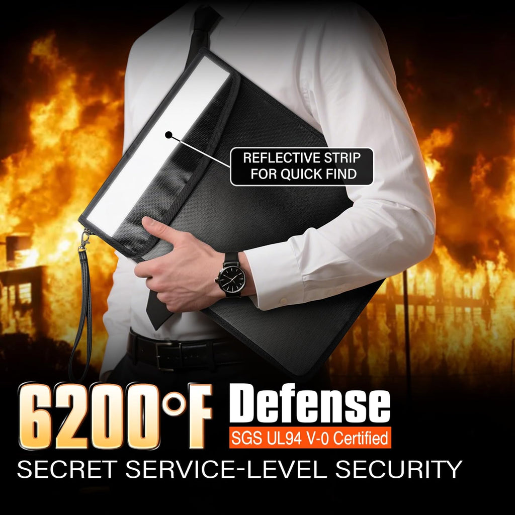 Upgraded Fireproof Document Bag Set with Lock, 6200°F Fire Resistance & Reflective Design, Dual Bag Set with Zipper (14.7"x11.5" & 11.1"x7.4") for Cash, Passport & Money Pouch