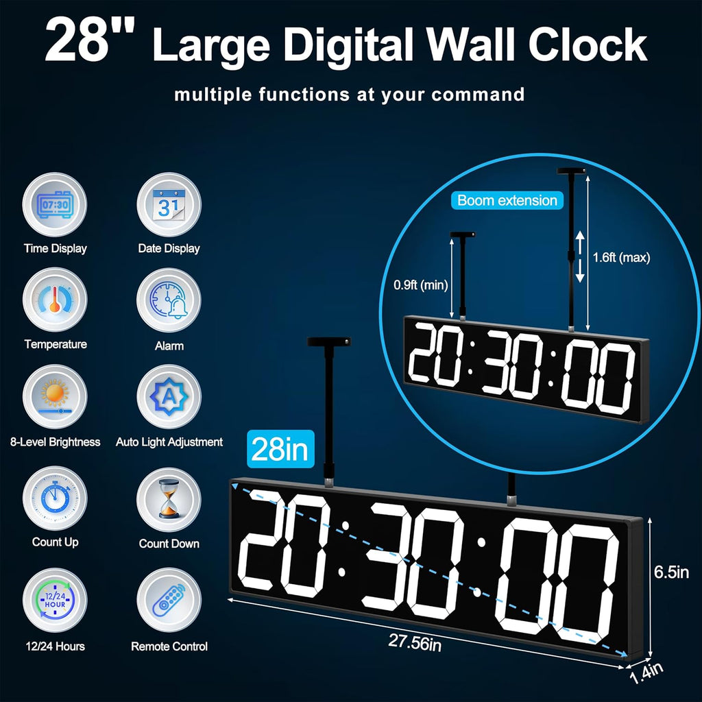 Digital Clock Large Display 1928" with Remote Control,Double-Sided Clock, Suspended Design for Hospitals, Factories, Airports.