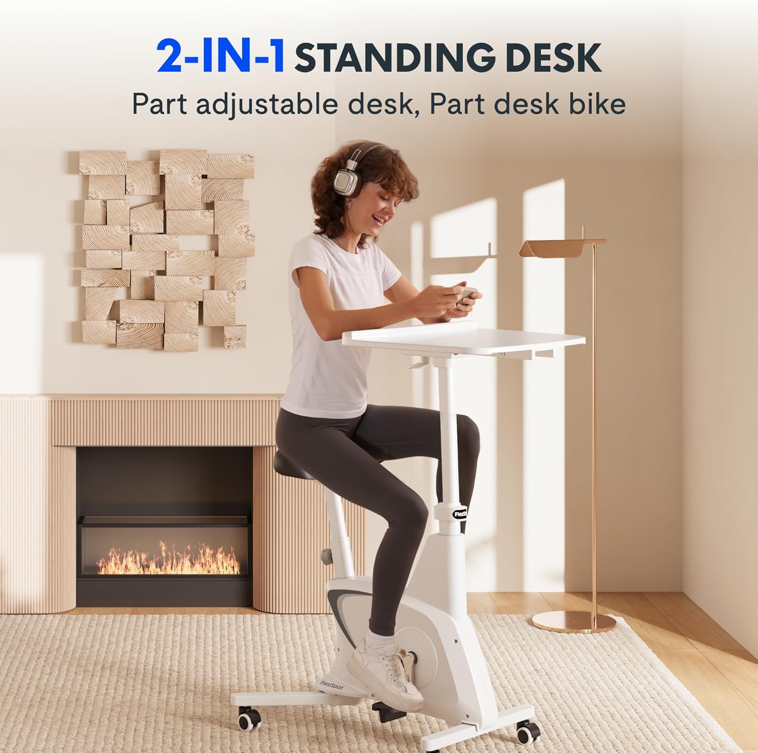 FLEXISPOT 3-in-1 Small Standing Desk Adjustable Height Movable Rolling Desks Laptop Desks Workstation with Integrated Pedal Exerciser Wide Seat, Desk for Home Office Corner Small Space, White