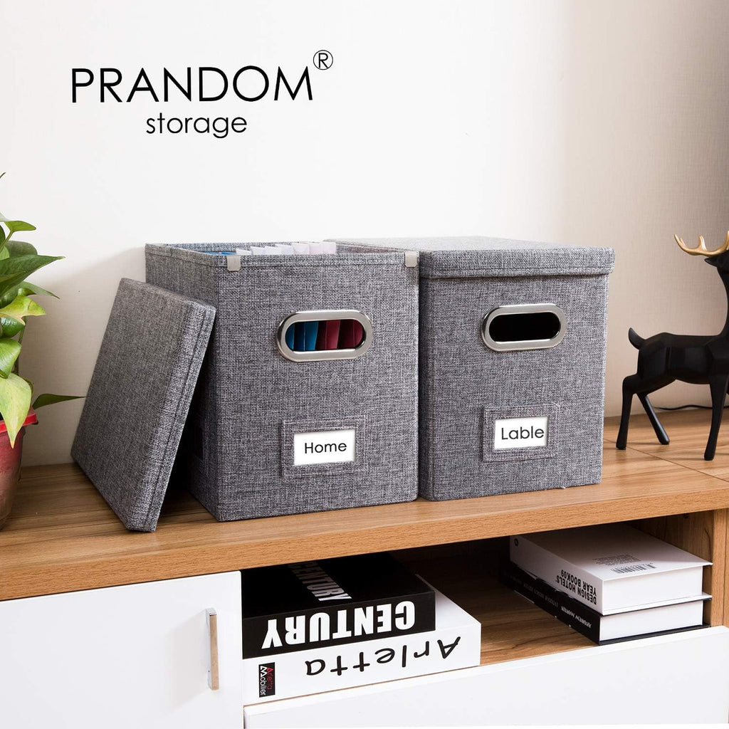 PRANDOM File Organizer Box - Set of 1 Collapsible Decorative Linen Filing Storage Hanging File Folders with Lids Office Cabinet Letter Size Grey (14x9.3x10.8 inch)