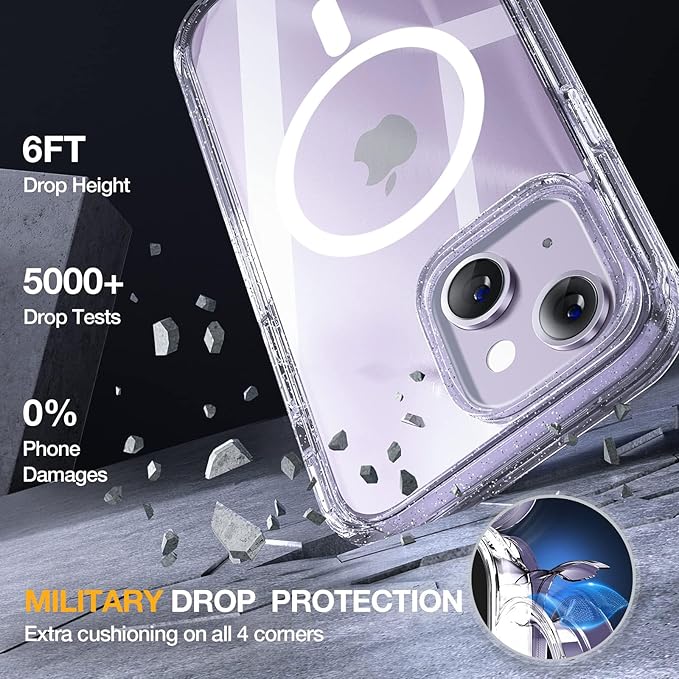 Miracase Magnetic for iPhone 14 Case 6.1", [Built-in Tempered Glass Screen Protector + Lens Protector] [Compatible with MagSafe] Full-Body Protective Bumper 14 Phone Cover, Clear Glitter