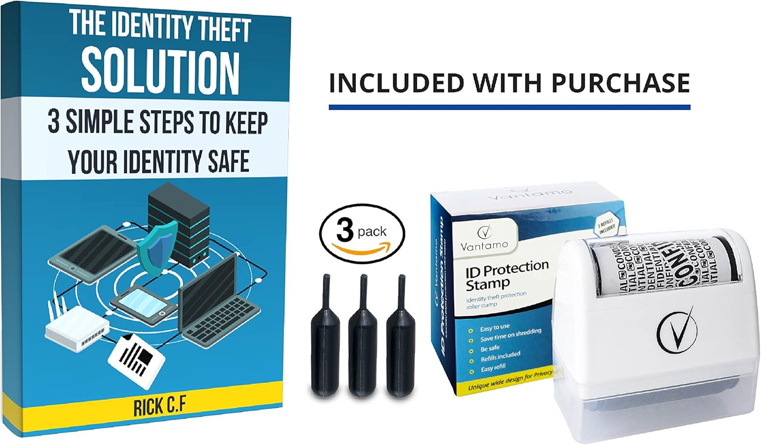 Vantamo Identity Theft Protection Roller Stamp for Hiding Sensitive Information, Wide Confidential Stamp with 3 Ink Refill, Security Stamp Roller for Identity Theft Prevention, Classy White