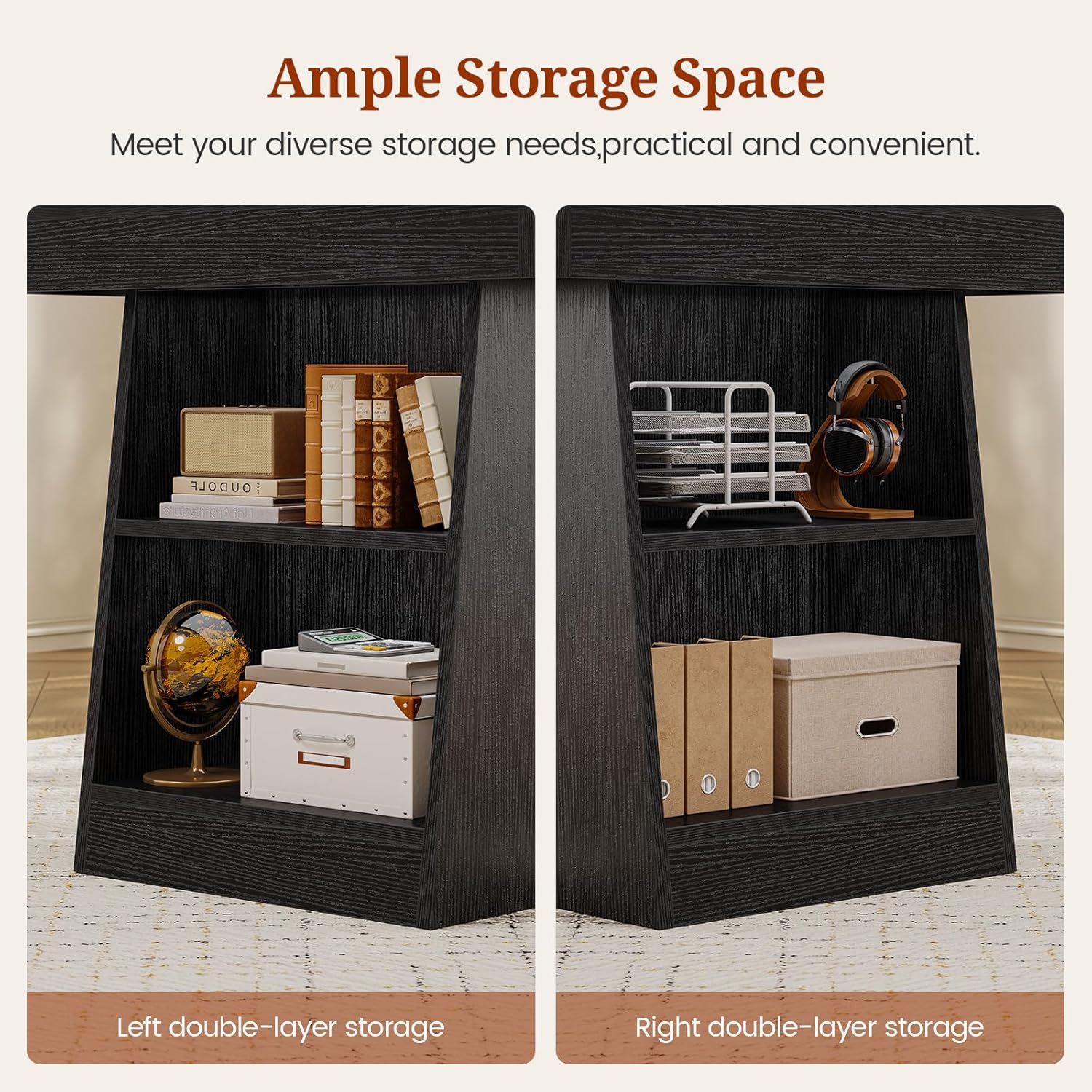 55.9 in Executive Desk with Power Outlets, Modern Home Office Desk with Storage Shelves, Wood Computer Desk Business Workstation Desk Conference Table, Black (Storage Shelves)