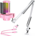 FIFINE USB Streaming Microphone with Boom Arm, Gaming Mic Kit for PC PS4/PS5, Podcast Microphone for Podcast with RGB Control, Mute Button, Gain Knob, Headphones Jack, Pop Filter-A8T Pink