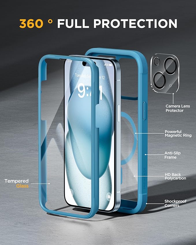 Miracase Magnetic for iPhone 15 Plus Case 6.7'' [Compatible with Magsafe] Full-Body Military Drop Proof 15 Plus Phone Case Cover with Built-in 9H Tempered Glass Screen Protector,Magnetic Blue