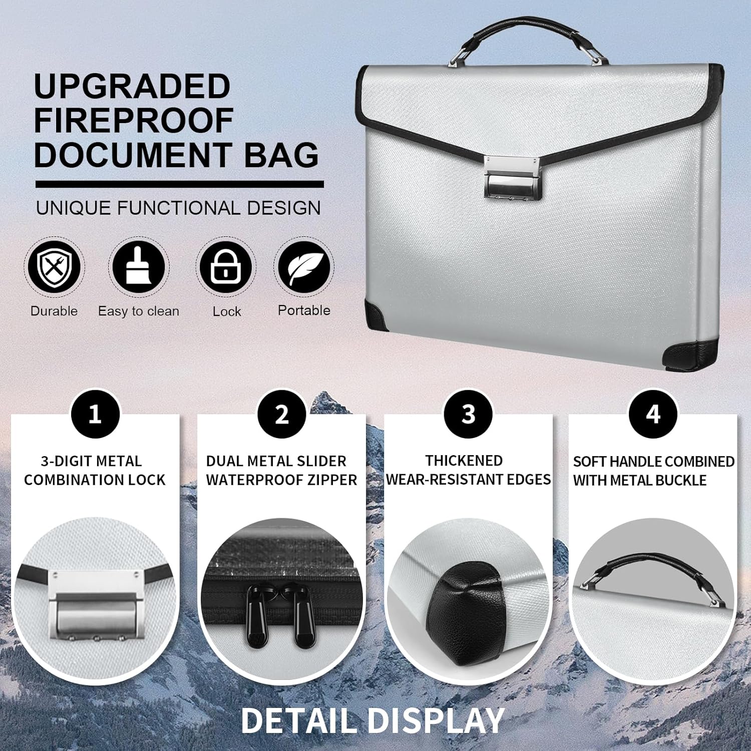 Fireproof Document Bag 14.5"X11"X2.5" Fireproof Money Bag for Cash With Lock and Zipper,Fire&Waterproof Storage Organizer Pouch for Valuables,Legal Document,Laptop,Passport,(Silver)
