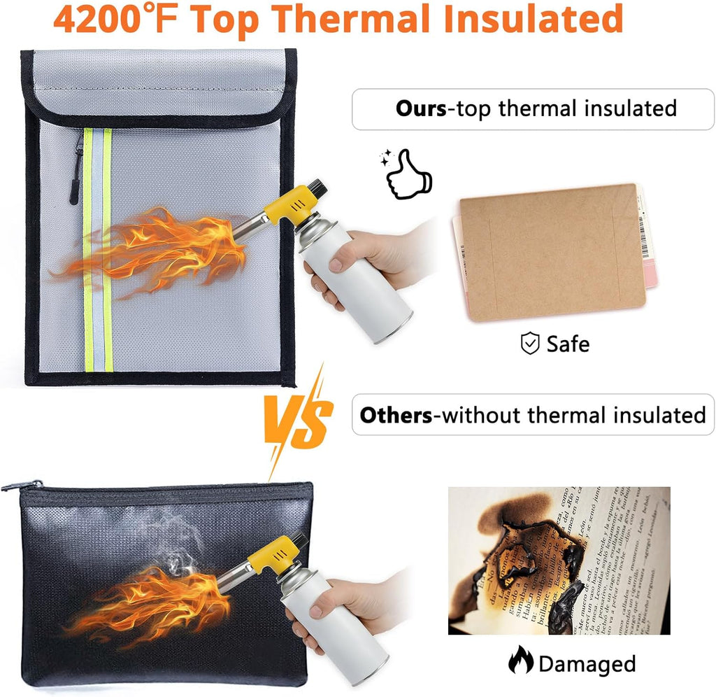 Fireproof Document Bag 3 Pack (15"x11", 13"x10", 10"x8") – Fireproof & Waterproof Money Bags with Zipper & Reflective Strip | Document Holder for Cash, Passports, Birth & Marriage Certificates