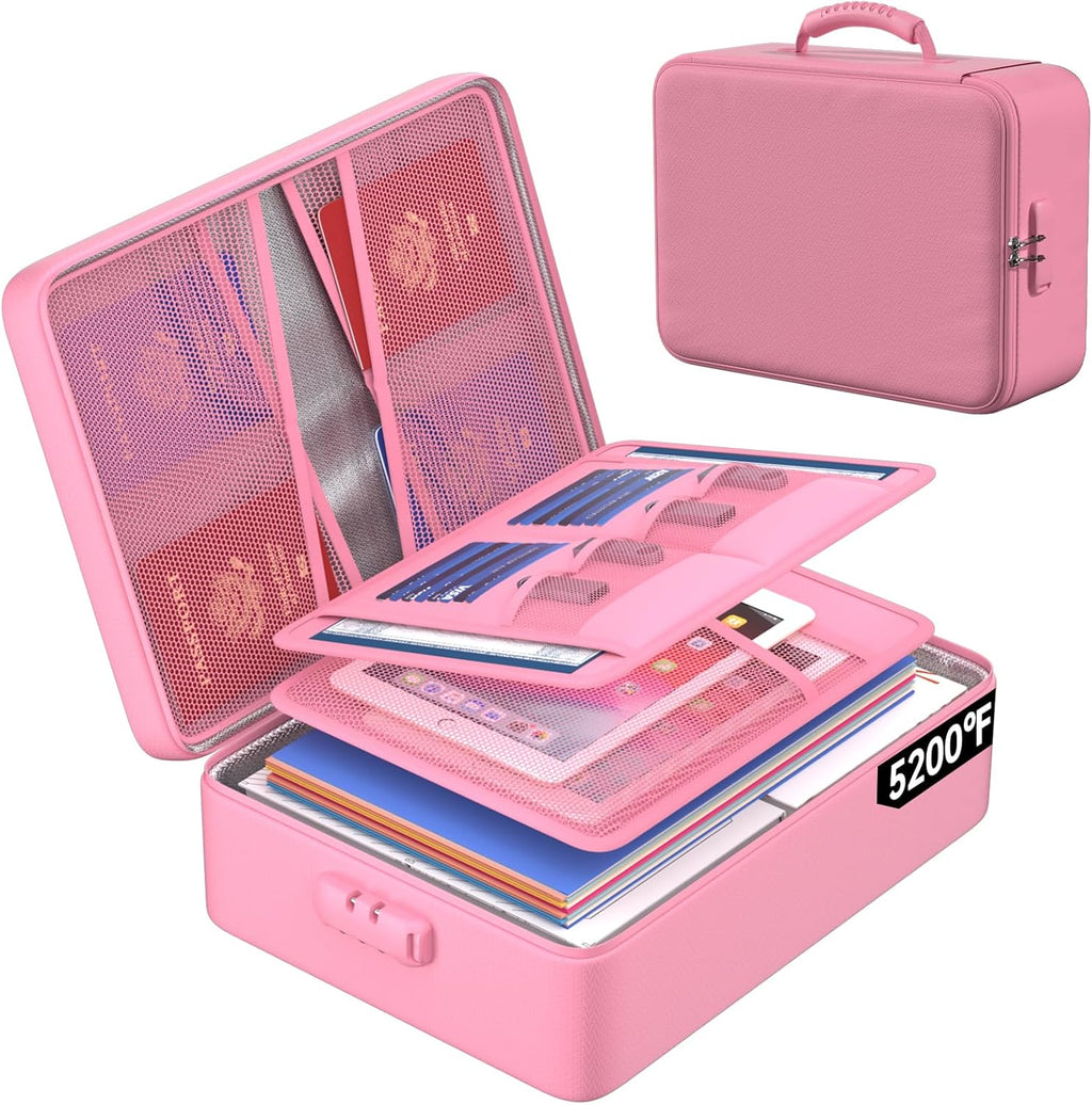 ENGPOW 5200°F Fireproof Document Bag with Lock, Upgraded Heat Insulated Fireproof＆Waterproof Box 8 Layers Document Organizer, Portable Home Travel Safe Storage Box for Important Files, Laptop, Pink